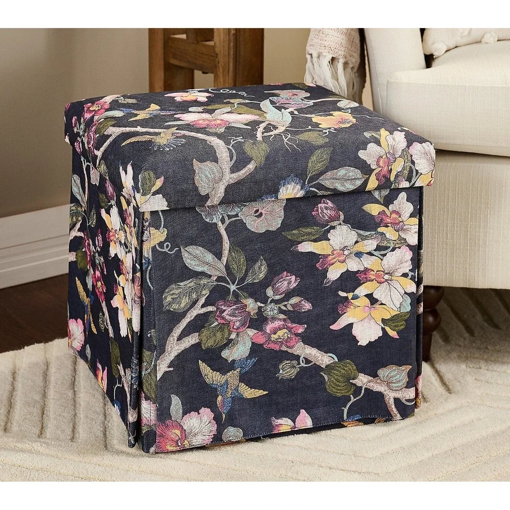 Home Reflections Floral Printed Foldable Square Storage Ottoman Seat Hummingbird